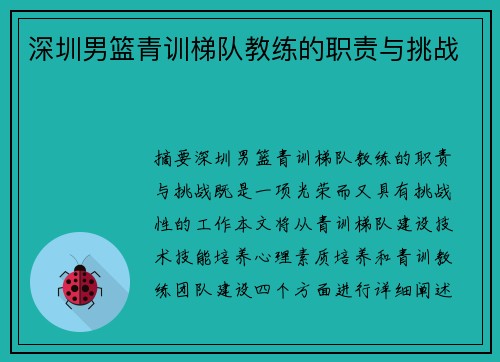 深圳男篮青训梯队教练的职责与挑战